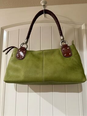 Fossil Green Leather Shoulder Bag with brown braided shoulder straps.